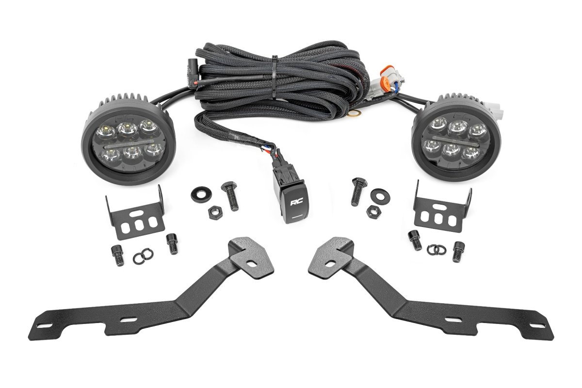 Ram 1500 LED Light Kit - Rough Country - Ditch Mount, Black Series Round, 3.5 Inch, Amber DRL - Black - '19-'24